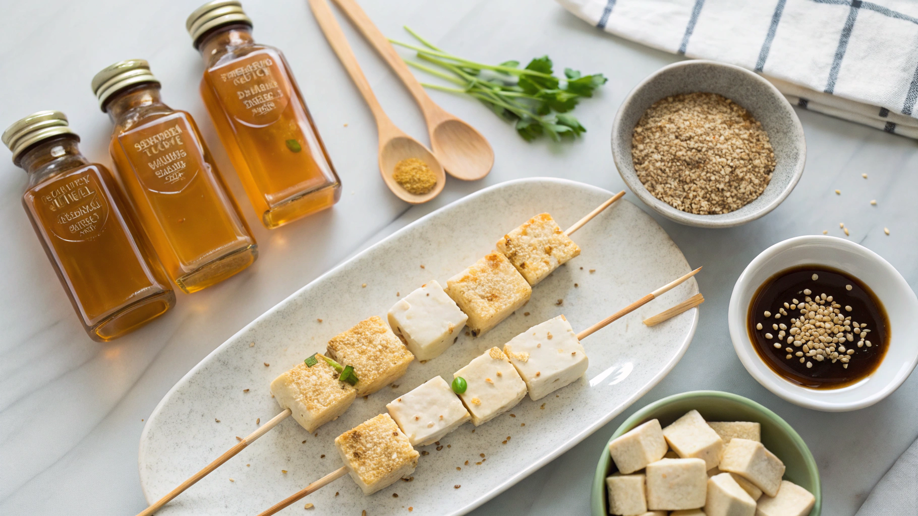 Ingrédients pour brochettes de tofu miel-sésame