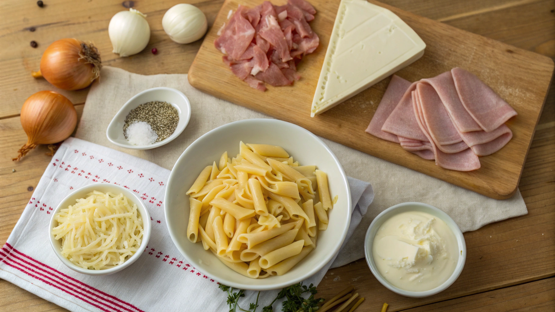Ingrédients pour gratin de pâtes au jambon