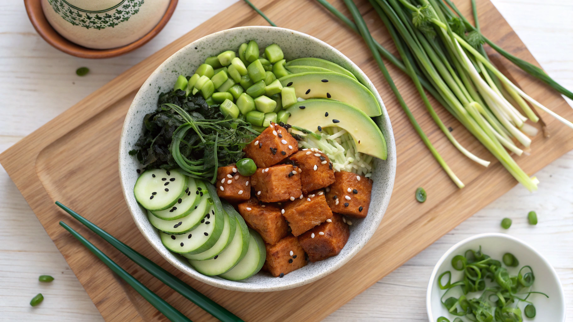 Ingrédients pour poke bowl vegan au tofu mariné