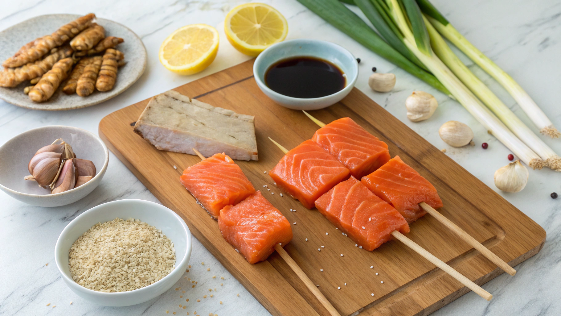 Ingrédients pour brochettes de saumon teriyaki