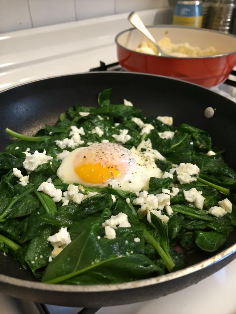 Poêlée épinards feta œuf mollet