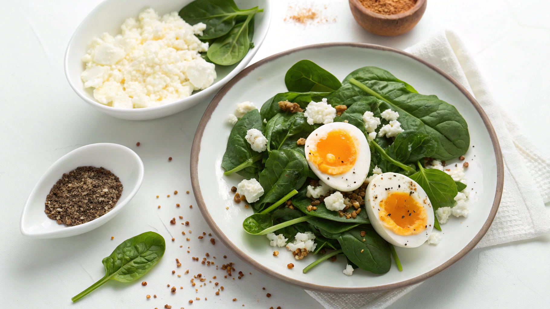 Ingrédients pour poêlée épinards feta œuf mollet