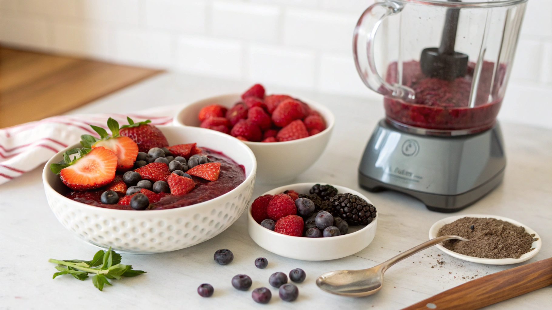 Ingrédients du smoothie açaï-fruits rouges