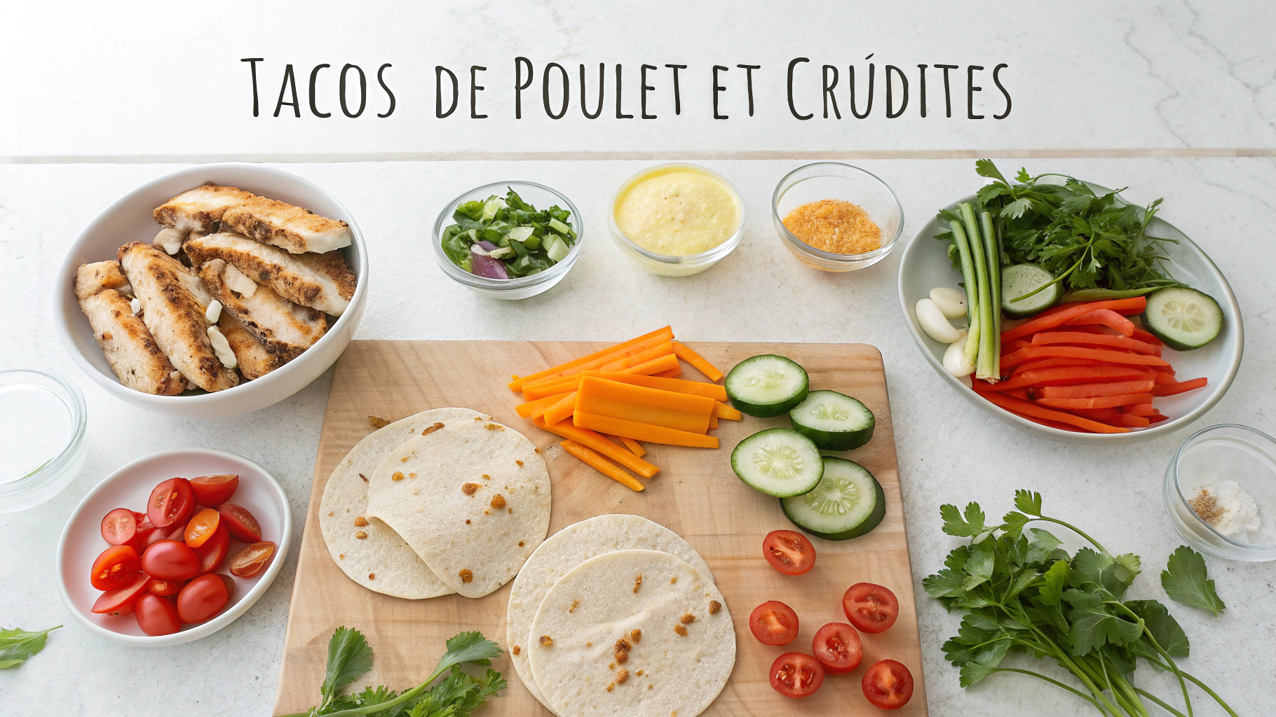 Ingrédients pour tacos de poulet et crudités