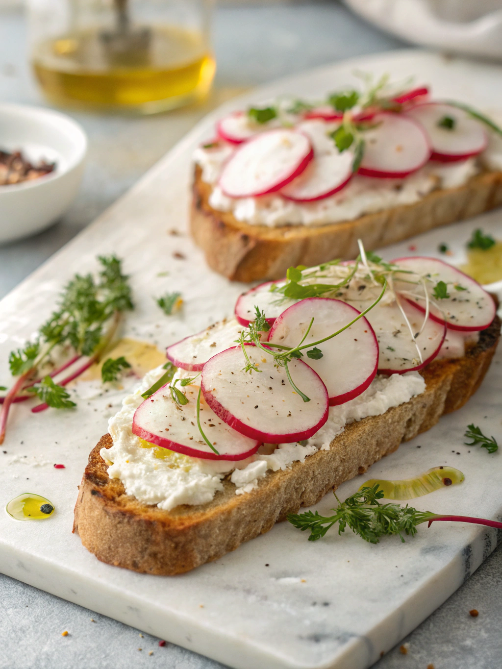Tartines de ricotta frais et radis croquants