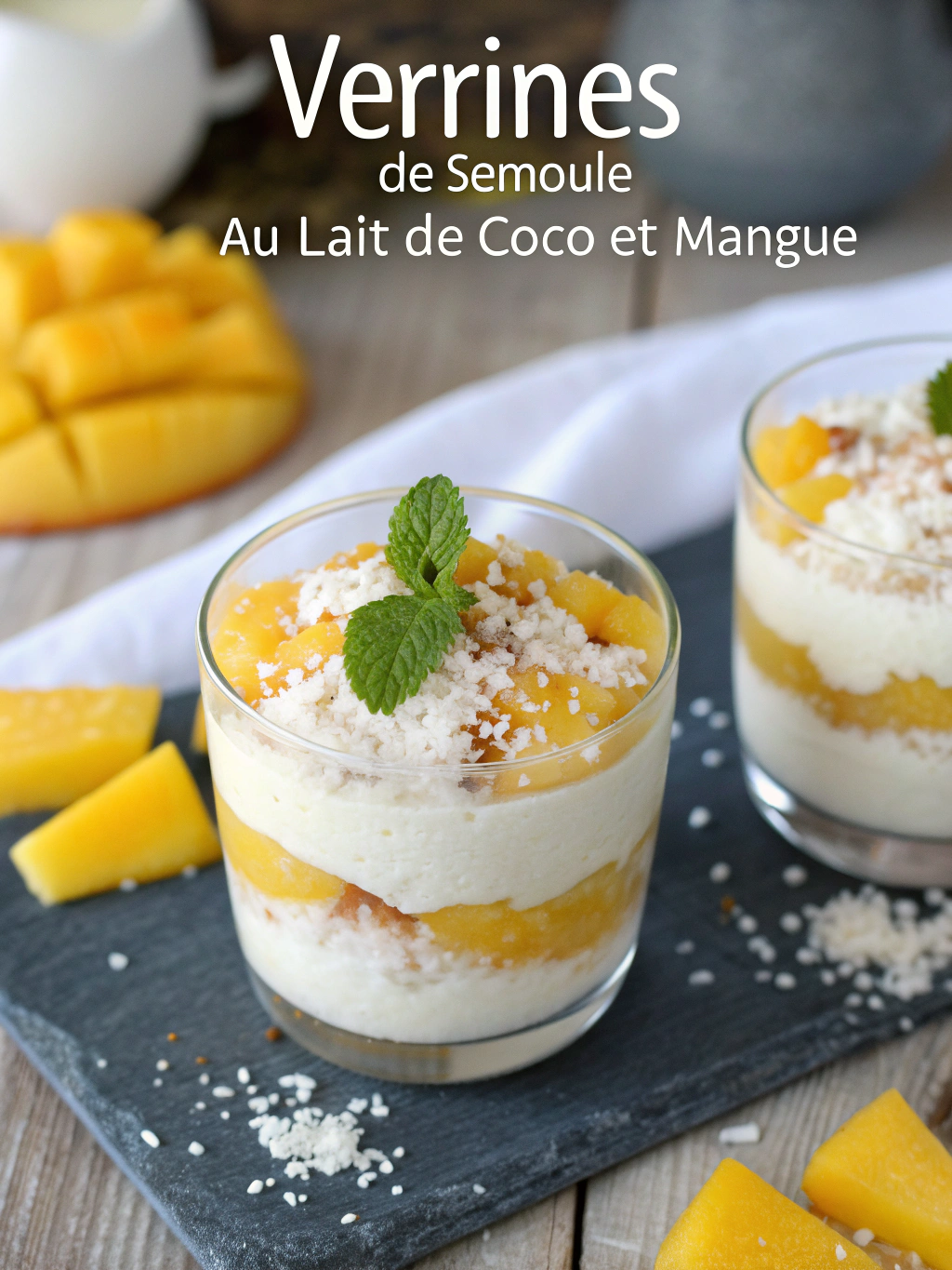 Verrines de semoule au lait de coco et mangue