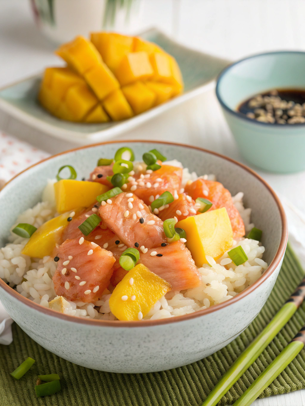 Bol de riz au saumon mariné et mangue