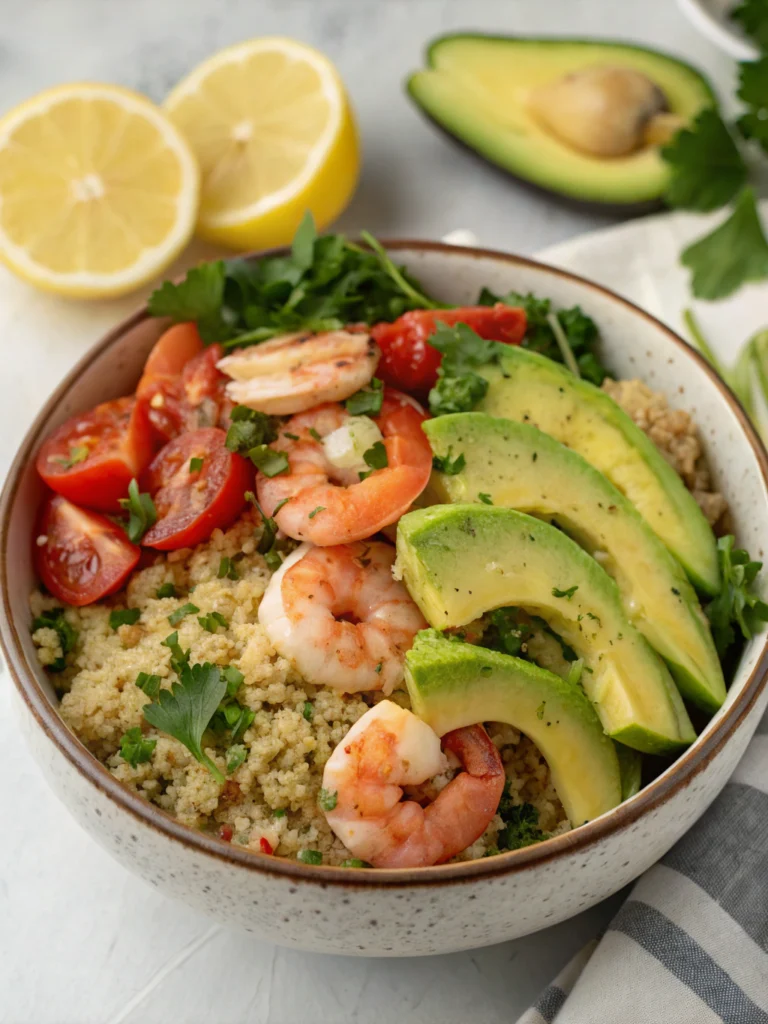 Bowl de quinoa, avocat et crevettes