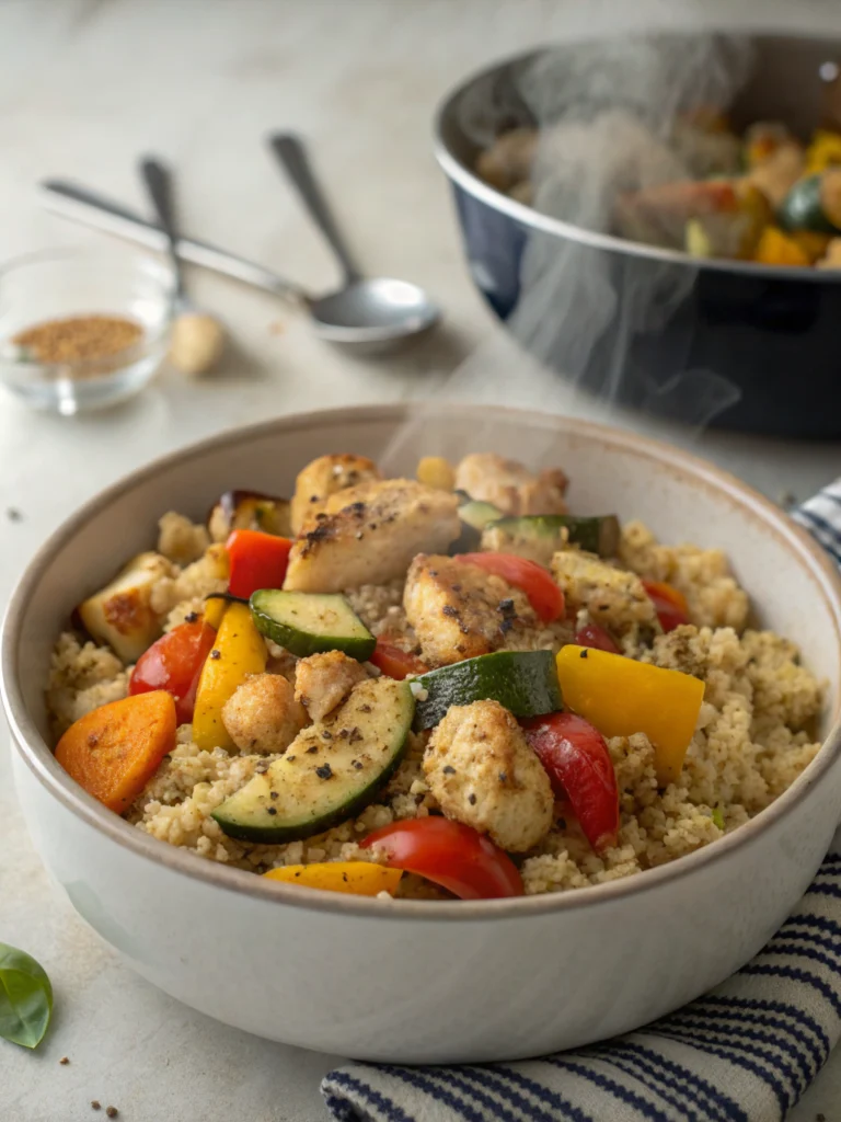 Bowl de quinoa, poulet et légumes rôtis
