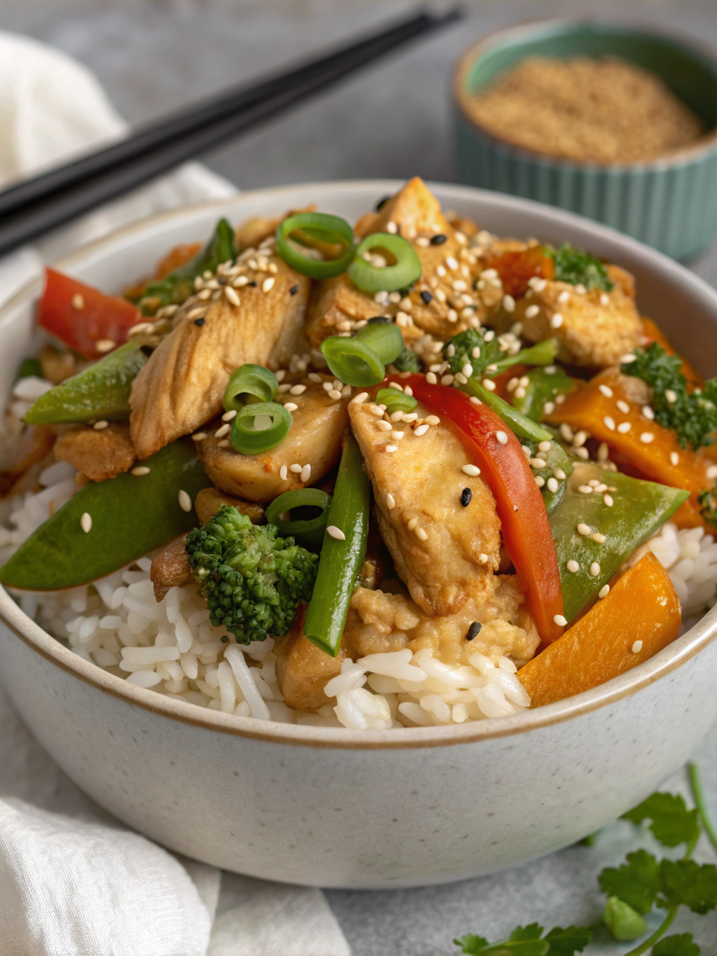 Bowl de riz, poulet et légumes croquants