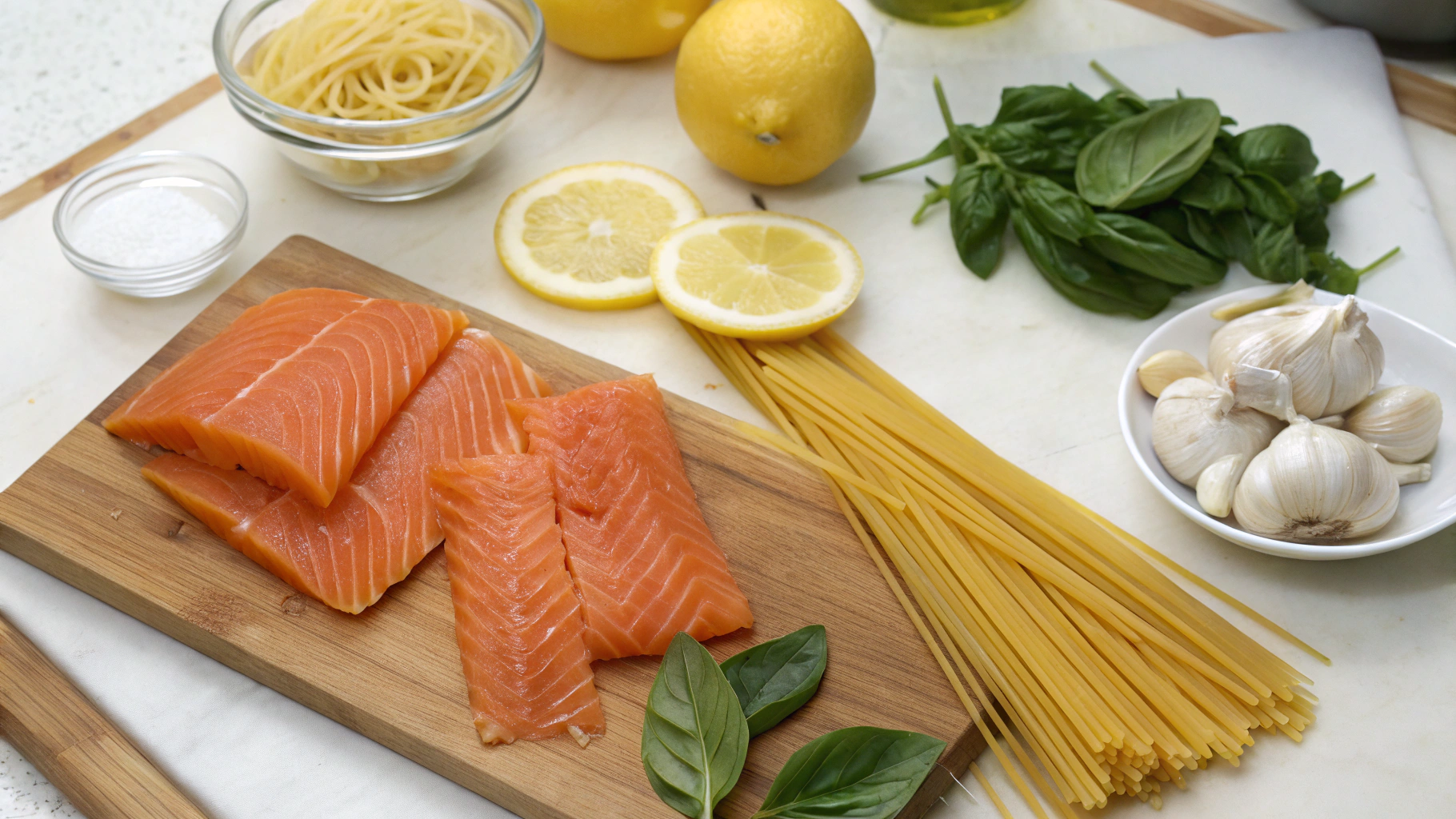 Ingrédients pour pâtes au saumon fumé et citron
