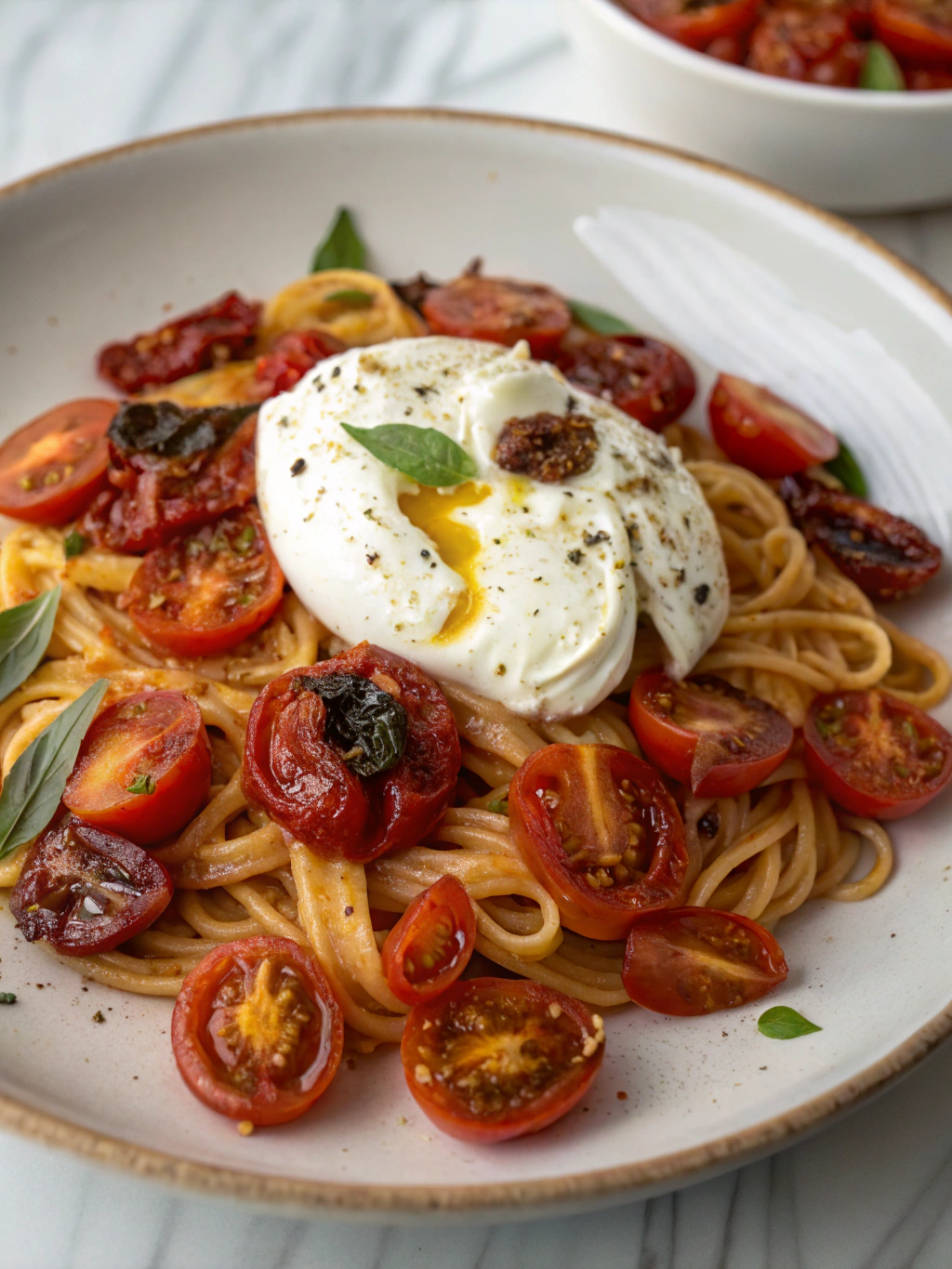Pâtes aux tomates séchées et burrata