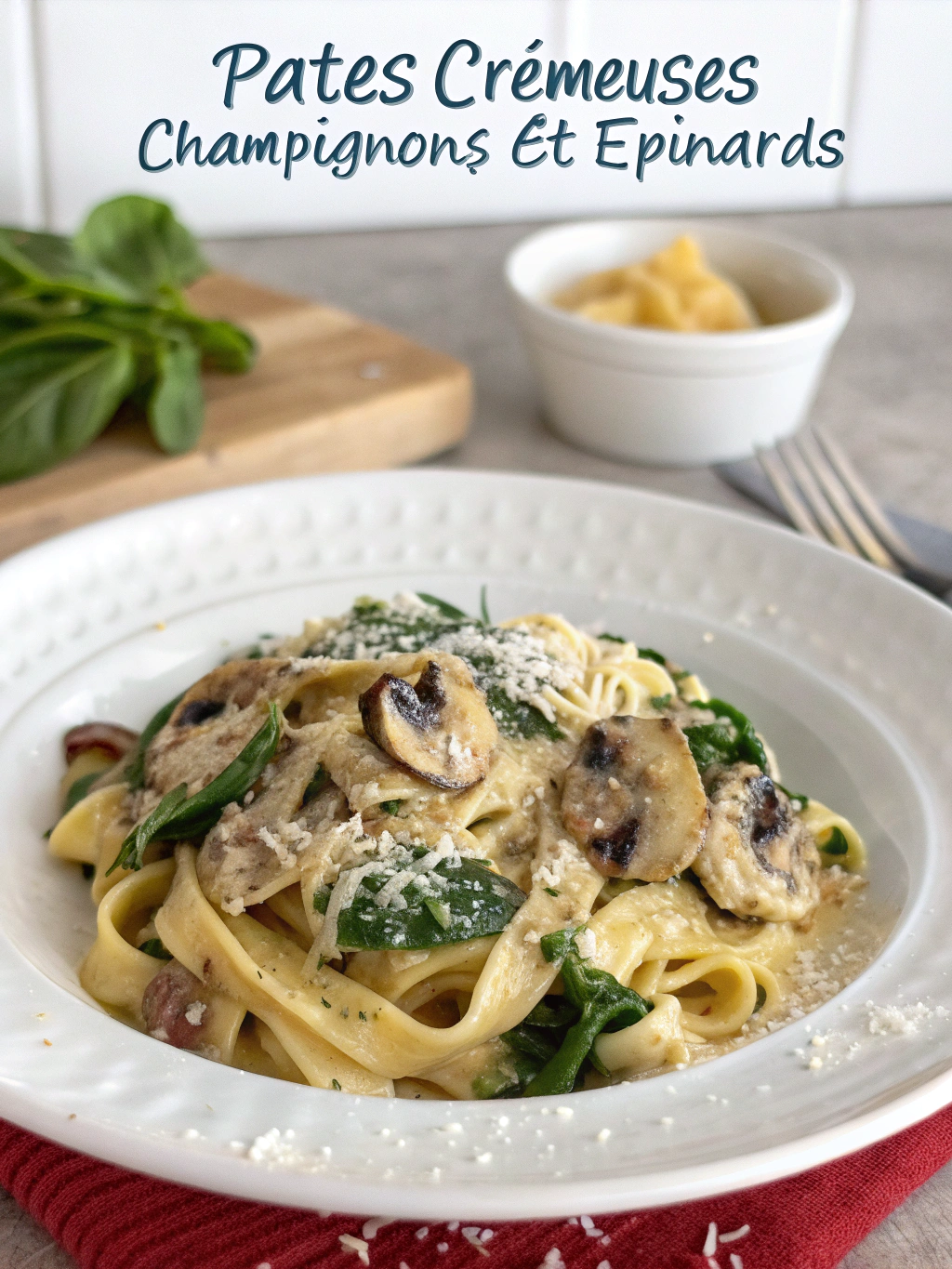 Pâtes crémeuses champignons et épinards
