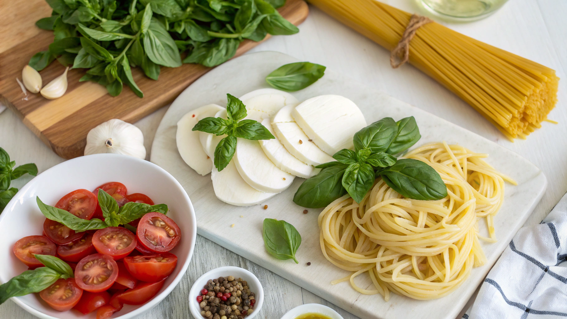 Ingrédients pour pâtes froides à la mozzarella et basilic