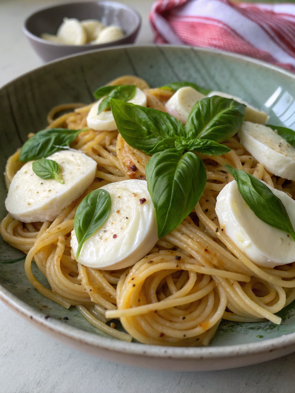 Pâtes froides à la mozzarella et basilic