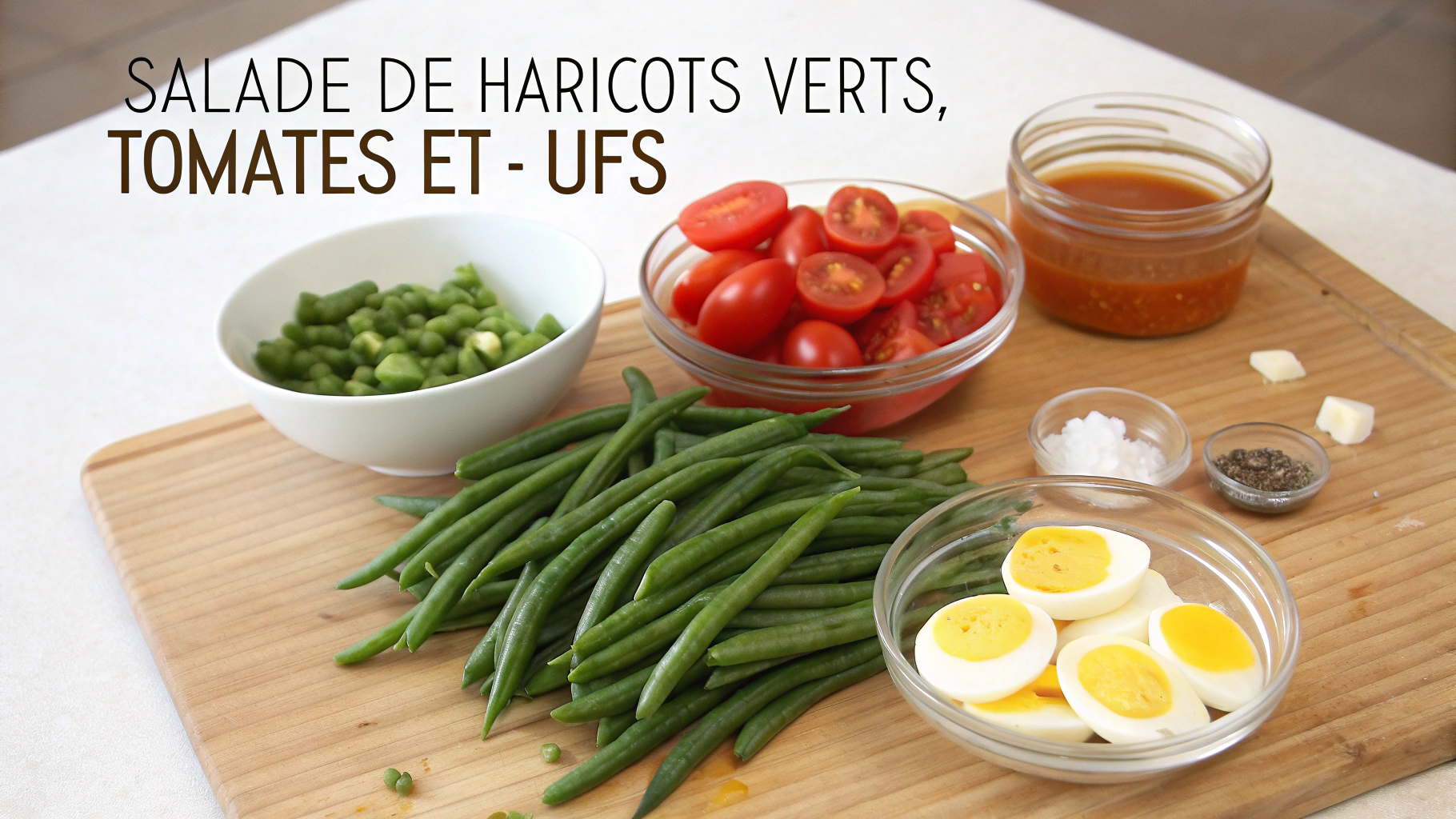 Ingrédients pour salade de haricots verts, tomates et œufs
