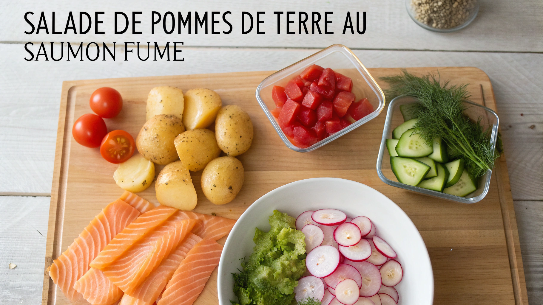 Ingrédients pour salade de pommes de terre au saumon fumé
