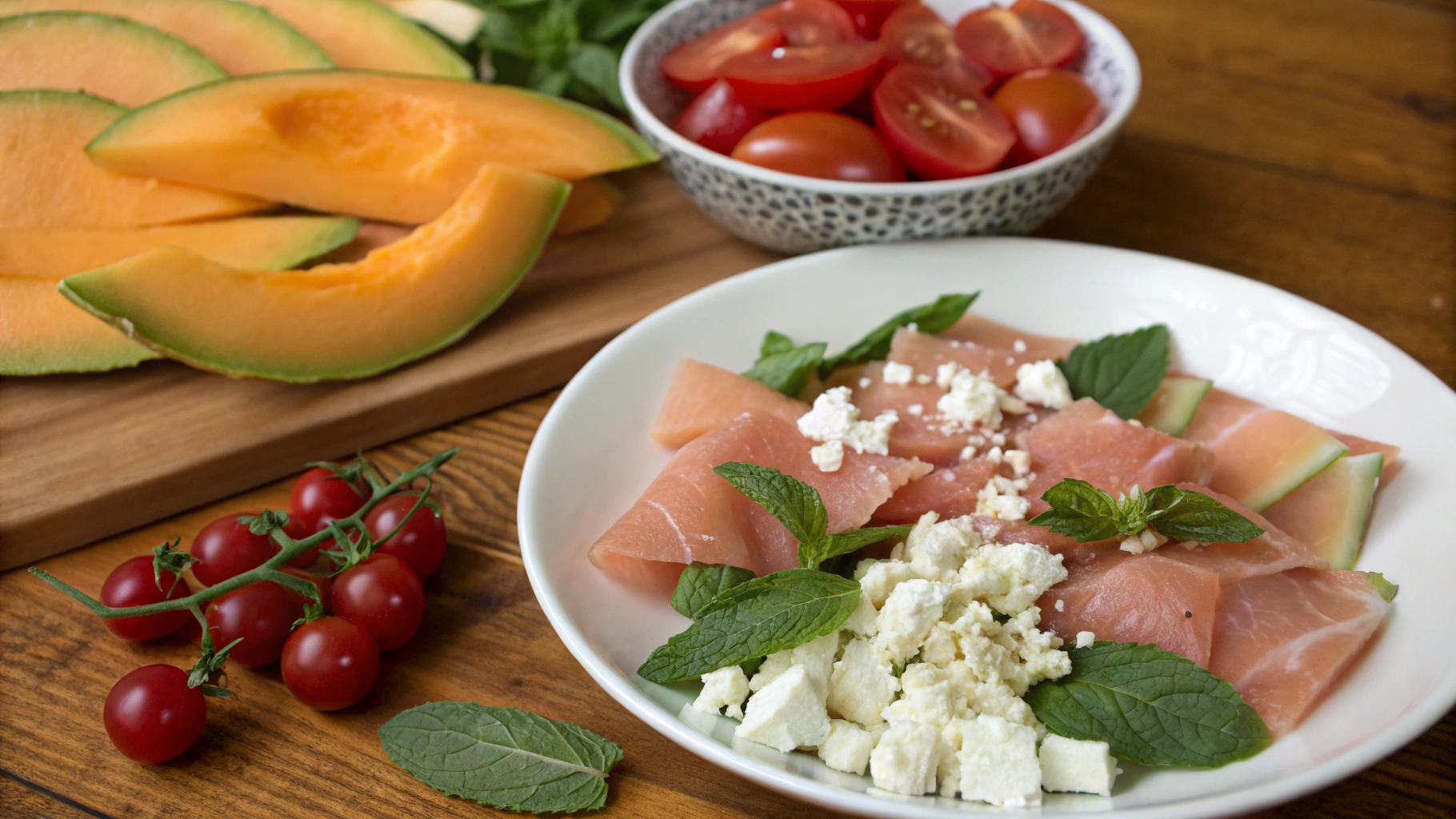 Ingrédients pour Salade estivale melon-feta-jambon cru