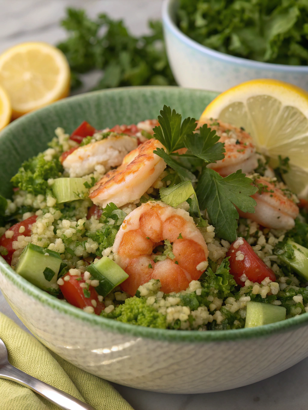 Taboulé frais aux crevettes marinées