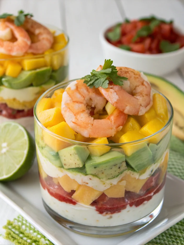 Verrines crevettes, avocat et mangue