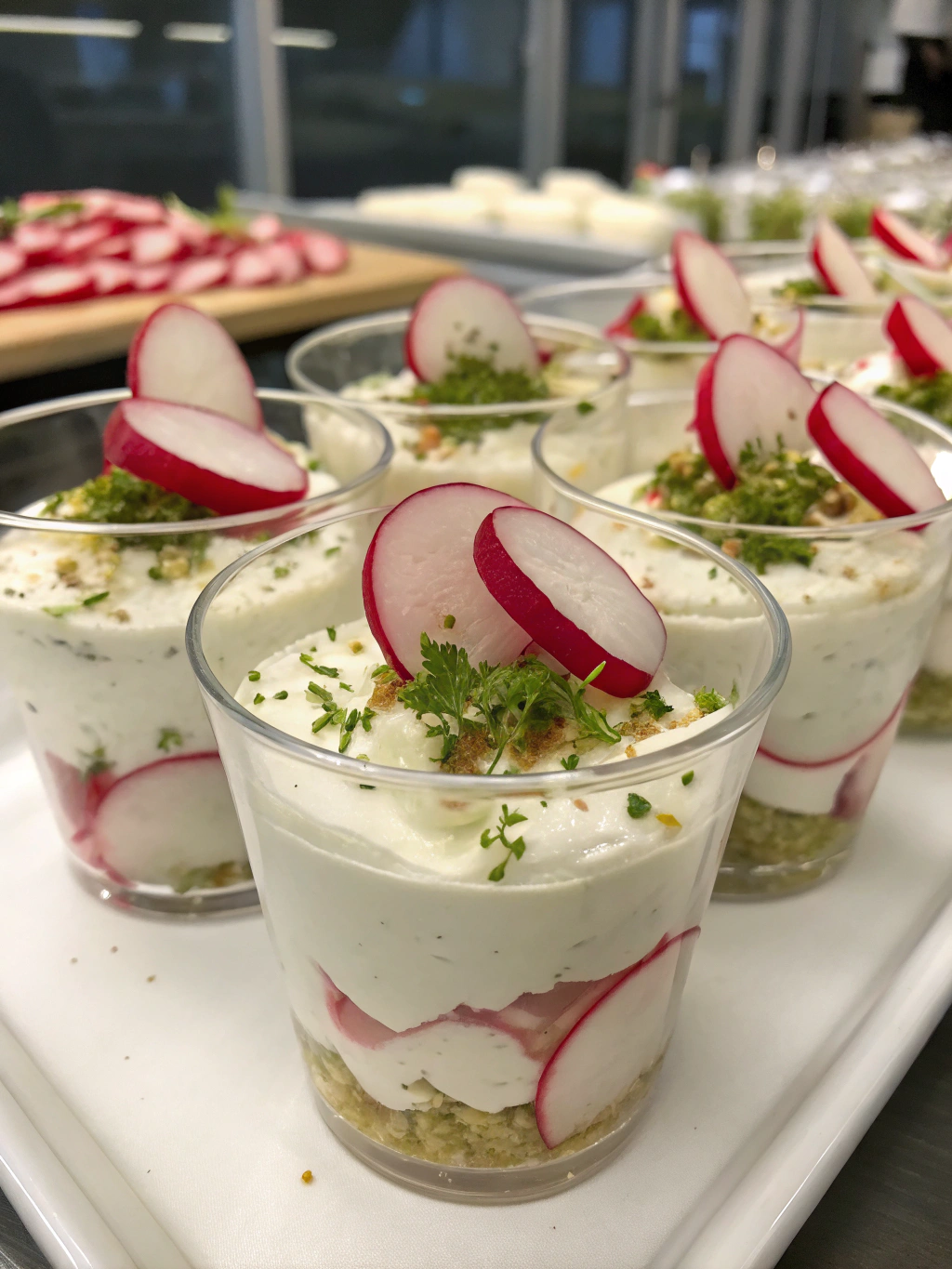 Verrines fromage frais et radis croquants