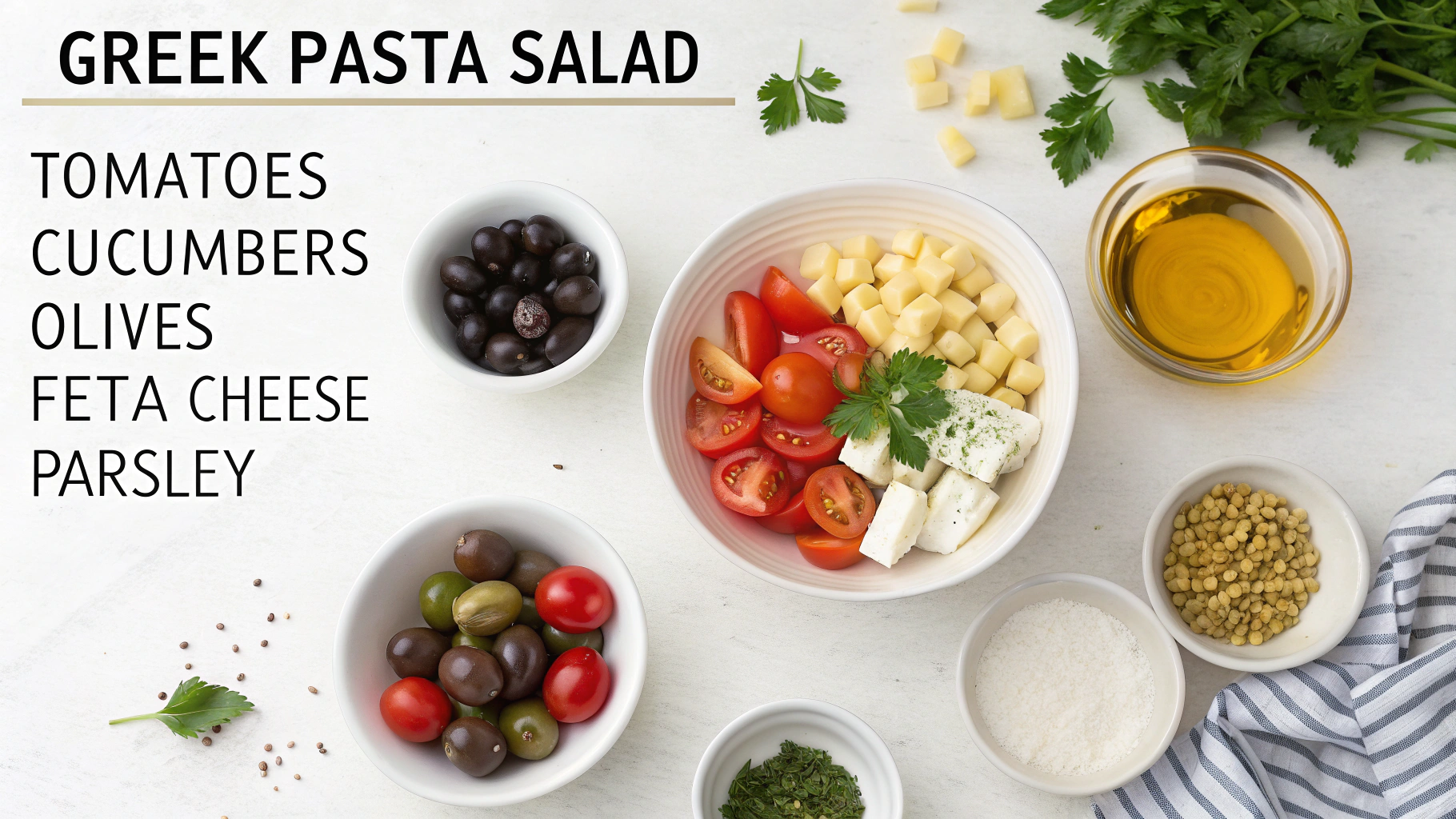 Ingrédients pour salade de pâtes à la grecque