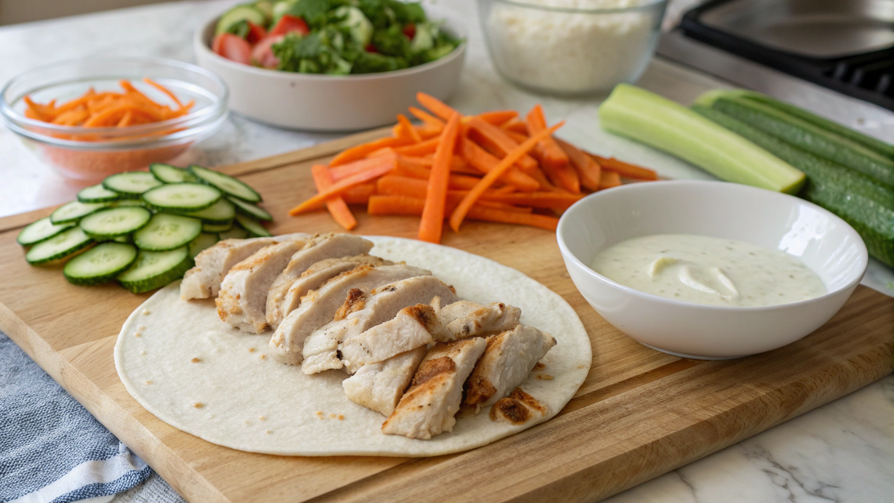 Ingrédients pour wraps poulet crudités sauce yaourt