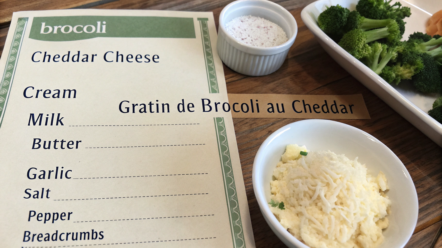 Ingrédients pour gratin de brocolis au cheddar