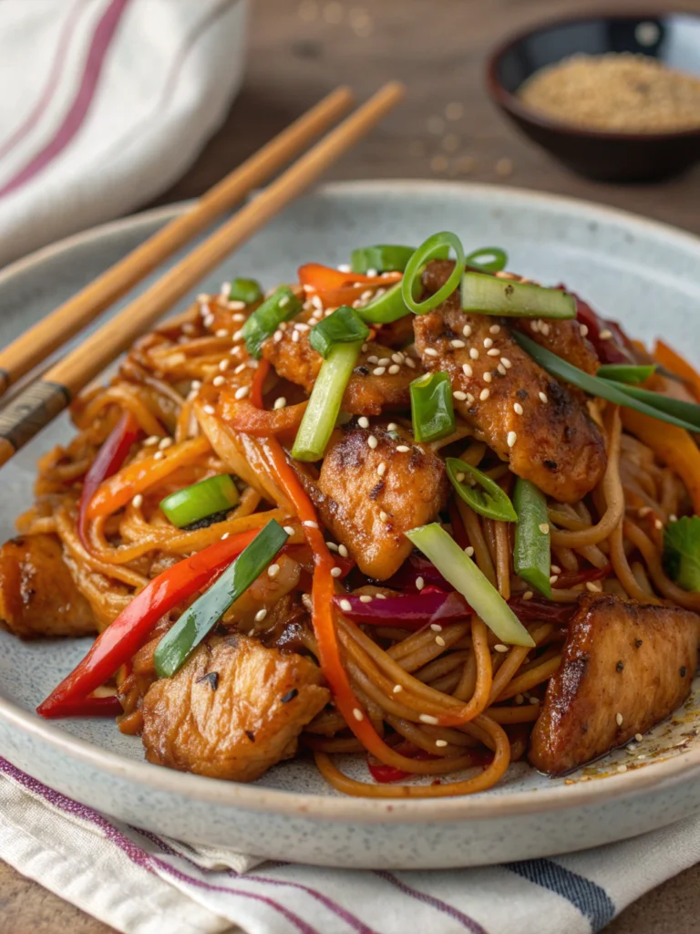 nouilles sautées poulet caramélisé plat asiatique gourmand