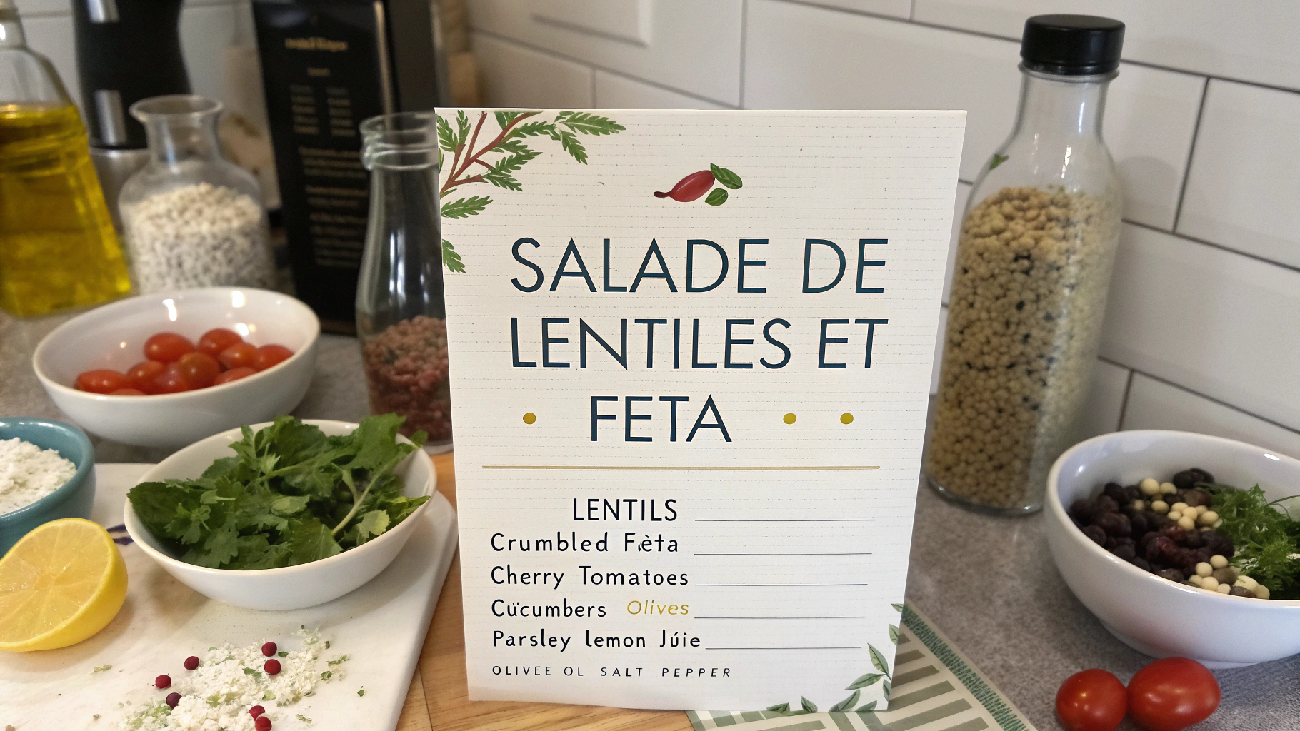Ingrédients pour salade de lentilles et feta