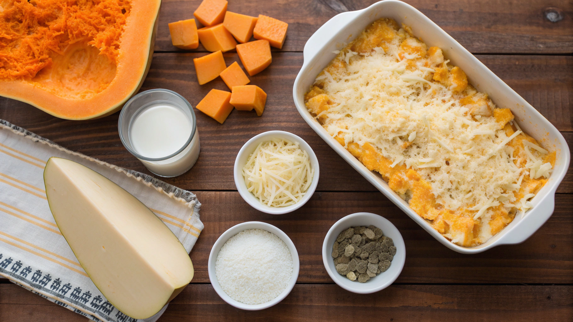 Ingrédients pour le gratin de courge butternut au fromage
