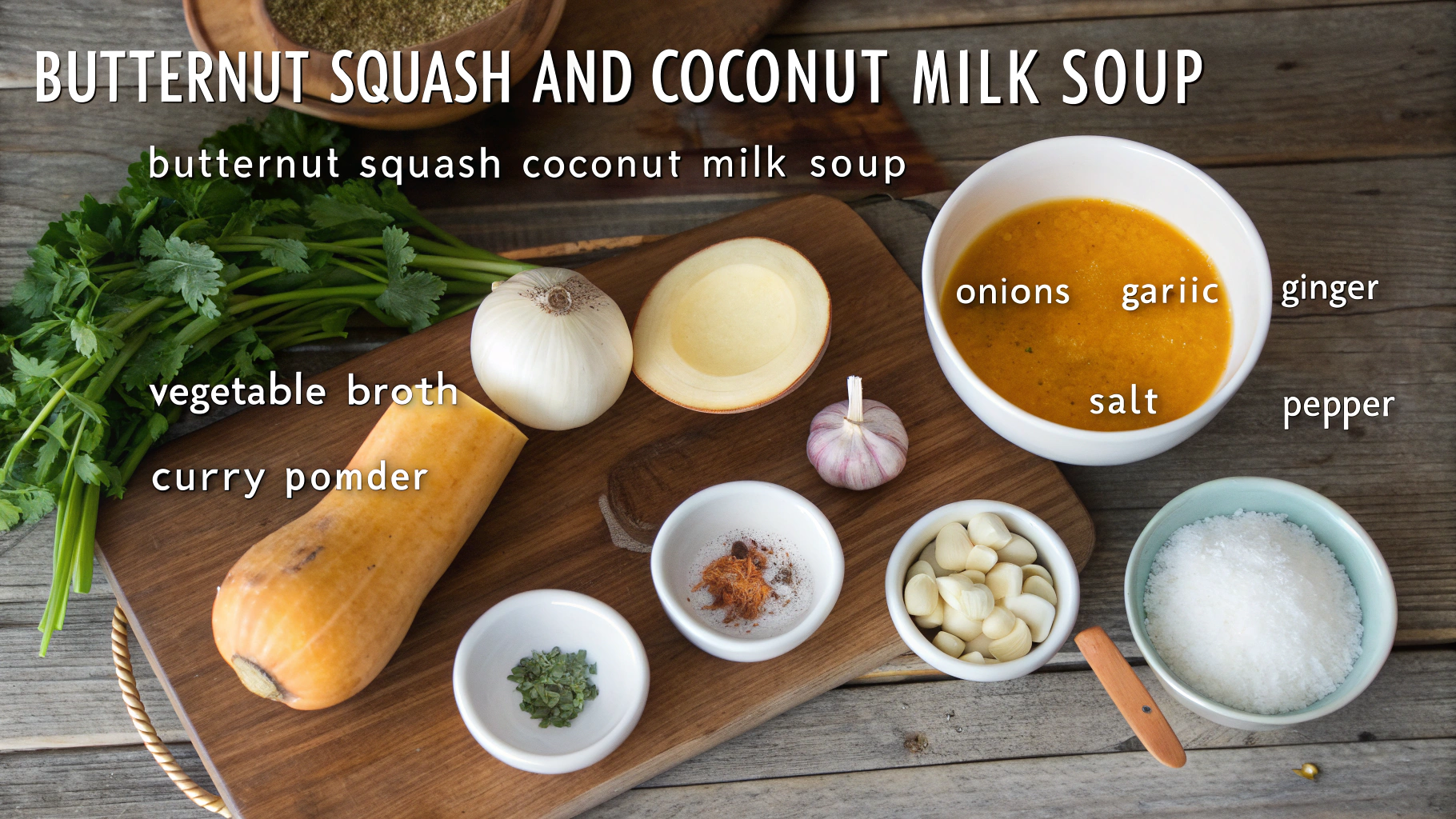 Ingrédients pour soupe de potiron et lait de coco