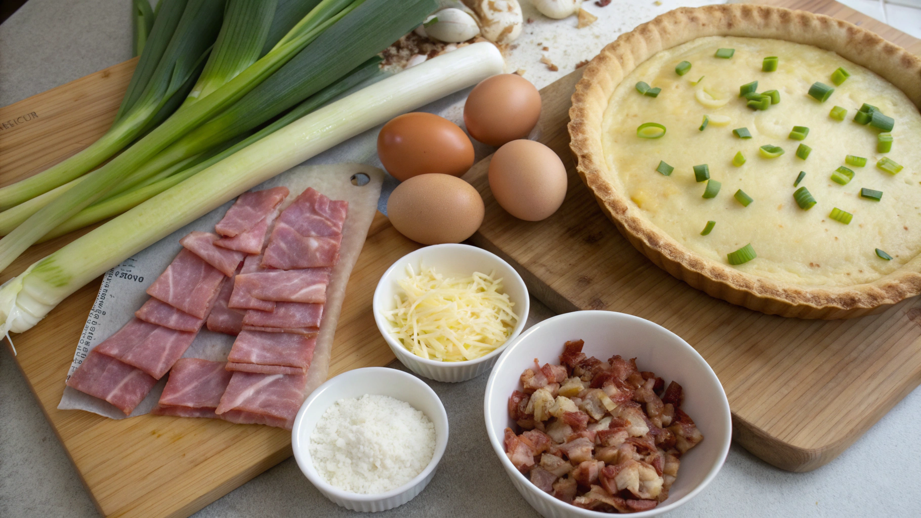 Ingrédients pour la quiche aux poireaux et lardons